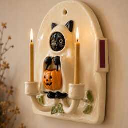 Halloween Cat Wall Candle Holder, Handmade Ceramic Sconce, Ghost Pumpkin Taper Decor, Fall Art Gift - thumbnail 4