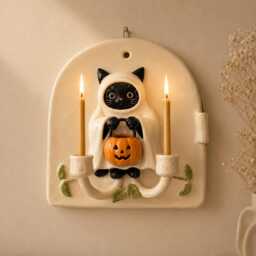 Halloween Cat Wall Candle Holder, Handmade Ceramic Sconce, Ghost Pumpkin Taper Decor, Fall Art Gift