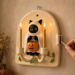 Halloween Cat Wall Candle Holder, Handmade Ceramic Sconce, Ghost Pumpkin Taper Decor, Fall Art Gift - thumbnail 2