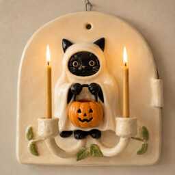 Halloween Cat Wall Candle Holder, Handmade Ceramic Sconce, Ghost Pumpkin Taper Decor, Fall Art Gift - thumbnail 3