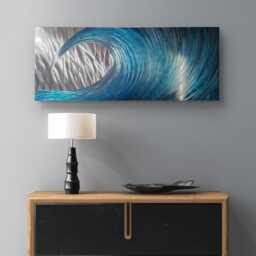 "Modern Teal & Silver Metal Wave Wall Art, " - thumbnail 1