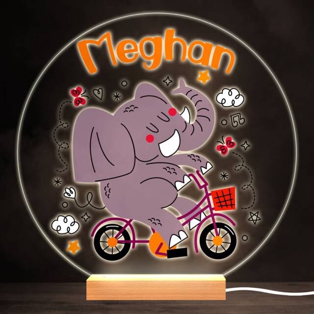 Funny Elephant On Bike Colourful Round Personalised Gift Led Lamp Night Light - Bedroom - image 1