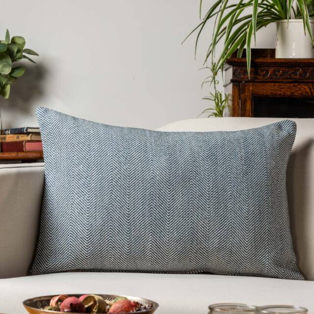 Faux Wool Linen Blend Herringbone Xl Rectangular Cushion in Navy Blue. Traditional Linen-Mix Effect Fabric. 23X15 - image 1