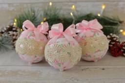 Handmade Pink Christmas Baubles Shabby Chic Lace Ornaments - Set Of 3