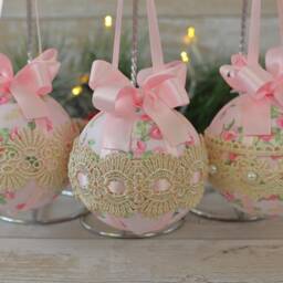 Handmade Pink Christmas Baubles Shabby Chic Lace Ornaments - Set Of 3 - thumbnail 2
