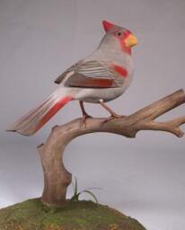 Pyrrhuloxia On Branch Wooden Carved Bird - thumbnail 2