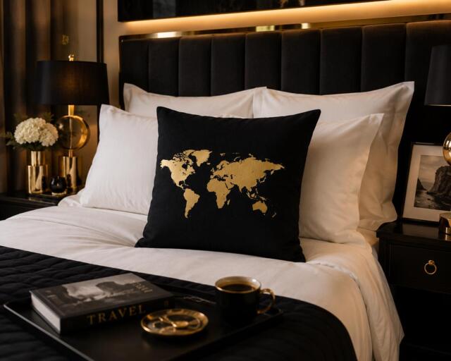 World Map Pillow, Gold Pillow Cover, Travel Lover Gift, Wanderlust Decor, Explorer Living Room Throw Adventure Home Decor - image 1