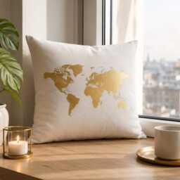 World Map Pillow, Gold Pillow Cover, Travel Lover Gift, Wanderlust Decor, Explorer Living Room Throw Adventure Home Decor - thumbnail 2