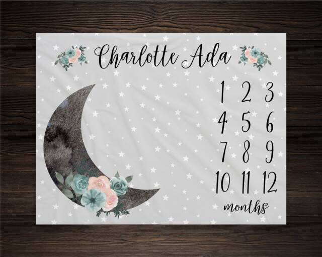 Moon & Stars Milestone Blanket, Luna Month Growth Tracker Baby Shower Gift, Floral Baby, Newborn Watercolor - image 1