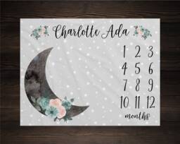 Moon & Stars Milestone Blanket, Luna Month Growth Tracker Baby Shower Gift, Floral Baby, Newborn Watercolor - thumbnail 1