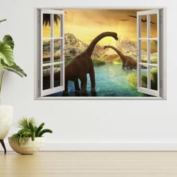 Landscape With Dinosaur Mountains 3D Window View Wall Sticker Poster Decal A908