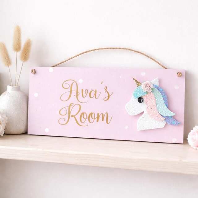 Personalised Unicorn Bedroom Plaque, Girls Room Door Sign, Custom Name Decor Gift - image 1
