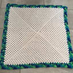Granny Stitch Baby Blanket/ Lapghan, Hand Crochet White With Blue/Green Edging 33 - thumbnail 2