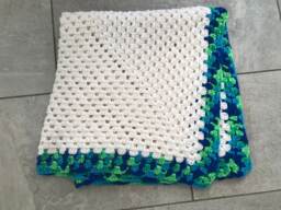 Granny Stitch Baby Blanket/ Lapghan, Hand Crochet White With Blue/Green Edging 33