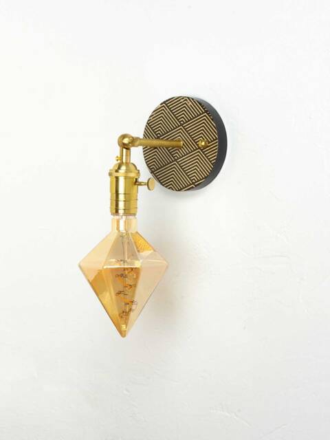 Geometric Design Black & Gold Printed Wood Wall Sconce - Brass Or Custom Finish Industrial Modern Lighting Restaurant - image 1