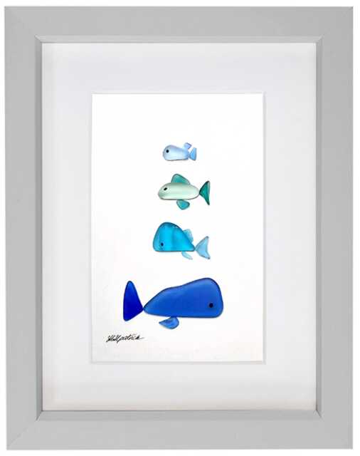 Sea Glass Picture - Framed Handmade Art Shoal Of Fish Wall Decor - image 1