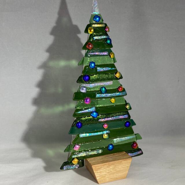 Fused Glass Christmas Tree With Wooden Stand, Handmade Festive Decor - image 1