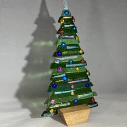Fused Glass Christmas Tree With Wooden Stand, Handmade Festive Decor - thumbnail 1