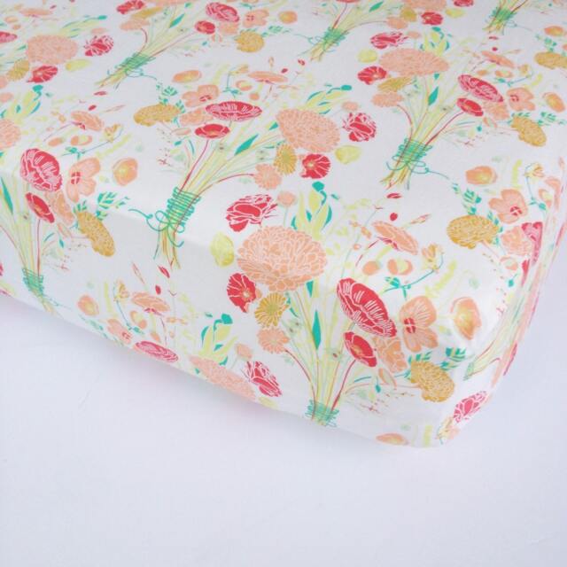 Floral Fitted Crib Sheet - Coral, Green Flower Bouquet Bedding - image 1