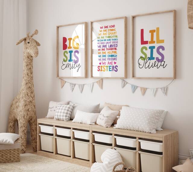 Set Of 3 Sister Prints, Rainbow Print, Wall Art, Bedroom Playroom Siblings Girls Decor, Big Sis Lil - image 1
