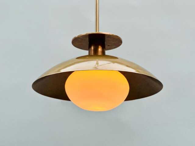 1950S Mid Century Modern Opal Glass Globe Handmade Brass Ceiling Lamp Dome Pendant Light - image 1