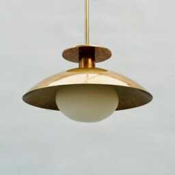 1950S Mid Century Modern Opal Glass Globe Handmade Brass Ceiling Lamp Dome Pendant Light - thumbnail 3