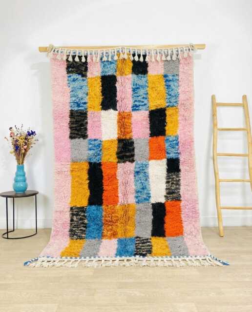 Colorful Moroccan Rug, Checkered Pattern Berber Shag Rug Large Area Multicolored Wool Carpet - image 1