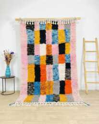 Colorful Moroccan Rug, Checkered Pattern Berber Shag Rug Large Area Multicolored Wool Carpet - thumbnail 1