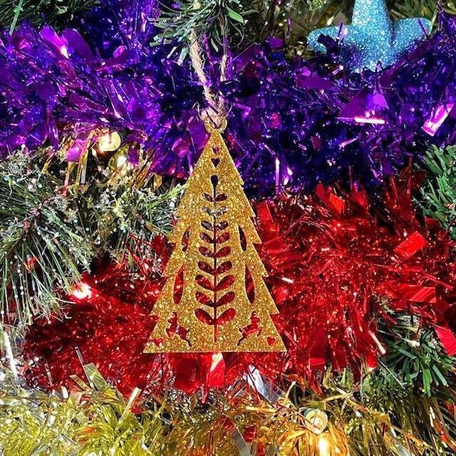 Glitter Folk Christmas Tree Decoration - Wooden Xmas Ornament in Oak, Walnut Cherry Wood Or Silver Gold Red Green - image 1