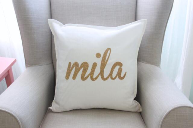 Personalized Gold Glitter Pillow Cover in White - Nursery Bedding Baby Gift Girl Play Room Decor By Couture Flower - image 1
