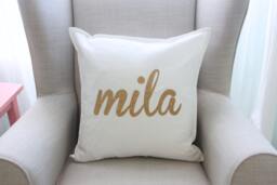 Personalized Gold Glitter Pillow Cover in White - Nursery Bedding Baby Gift Girl Play Room Decor By Couture Flower