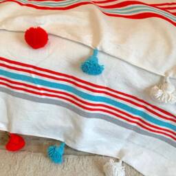 Cozy Blanket - Woven Blanket Customized Beige Throw -Soft Pom Cotton Blankets Housewarming Gift , With Tassels - thumbnail 2