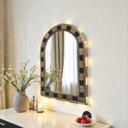 Unique Walnut Wall Mirror With Brass & Resin Inlay - Luxury Handmade Moroccan Statement Decor - thumbnail 3
