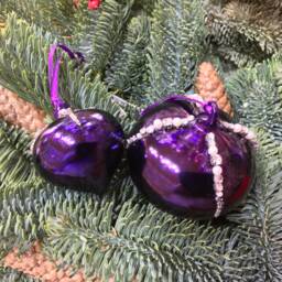 Shiny Aubergine Purple Hand Blown Glass Hanging Christmas Decorations With Diamante Beads - Winter Holiday Tree Ornaments Festive Gift