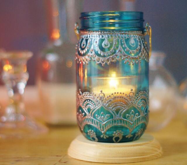 Hand Painted Teal Candle Lantern Boho Henna Mason Jar Decor - image 1
