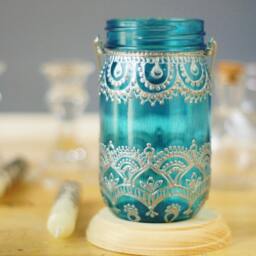 Hand Painted Teal Candle Lantern Boho Henna Mason Jar Decor - thumbnail 2