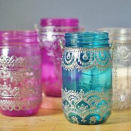 Hand Painted Teal Candle Lantern Boho Henna Mason Jar Decor - thumbnail 3