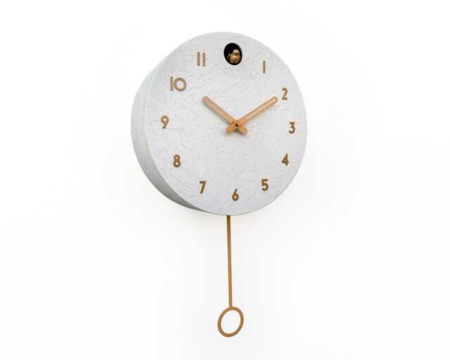 White Concrete Cuckoo Clock - Minimalist Wall Decor, Brass Details, Optional Pendulum - image 1