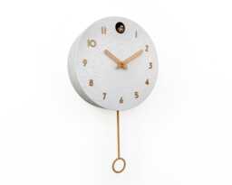 White Concrete Cuckoo Clock - Minimalist Wall Decor, Brass Details, Optional Pendulum - thumbnail 1