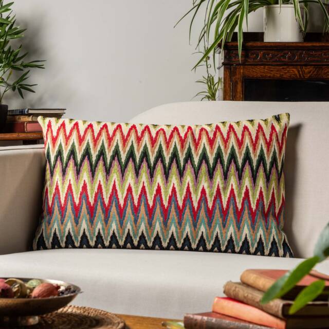 Flame Tapestry Xl Rectangular Cushion Cover. Bright Multicoloured Woven Chevron Pattern. Modern Contemporary Design. 23X15 - image 1