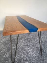 Handmade Olive Ash River Coffee Table Blue Sapphire Resin, Hairpin Legs