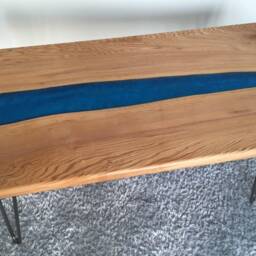 Handmade Olive Ash River Coffee Table Blue Sapphire Resin, Hairpin Legs - thumbnail 3