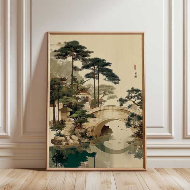 Japanese Garden Art Print, Zen Landscape Wall Decor, Stone Bridge Poster, Scholar's Ink Wash Illustration, Traditional Asian Scenery - image 1