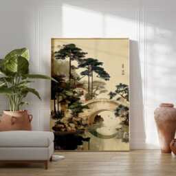 Japanese Garden Art Print, Zen Landscape Wall Decor, Stone Bridge Poster, Scholar's Ink Wash Illustration, Traditional Asian Scenery - thumbnail 3