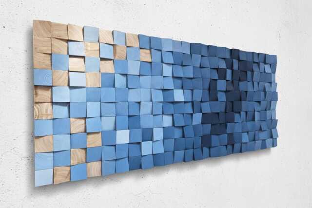 Blue Wood Wall Art Modern Abstract Mosaic in Navy & Sky Tones - image 1