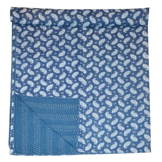 Indigo Print Gudari Hand Stitched Kantha Quilt 100% Cotton Bohemian Indian Block Printed Bedspread Coverlet Traditional Designer Bed Cover - image 1