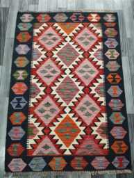 Multicolour Rug, Handmade Artisan Afghan Turkish Scandinavian Navajo Bohemian Flatweave Wool Kilim 147x102 cm - thumbnail 1