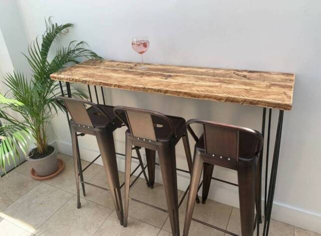 Rustic Breakfast Bar, With Steel Hairpin Legs - Reclaimed Wood Kitchen Island Countertop Dining Furniture Farmhouse Decor - image 1