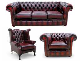 Lounge Sofa Suite Armchair 3 + Queen Anne Low Back Chairs Oxblood Red Real Leather Free Mainland UK Delivery