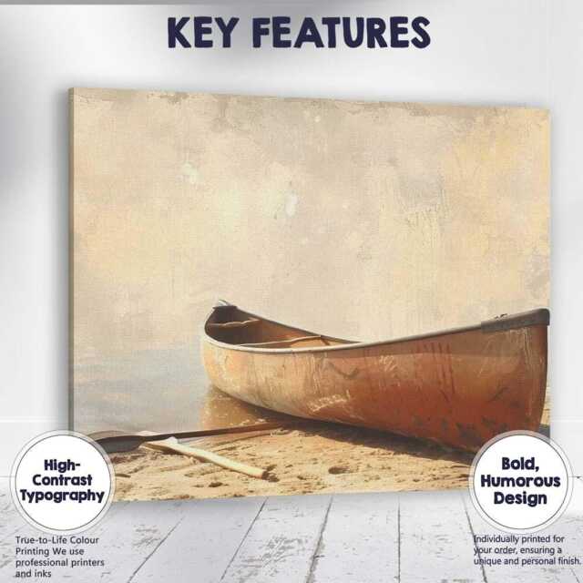 Rustic Canoe Lakeside Neutral Coastal Watercolour Style Canvas Wall Art Print Decor Picture Ready To Hang - image 1